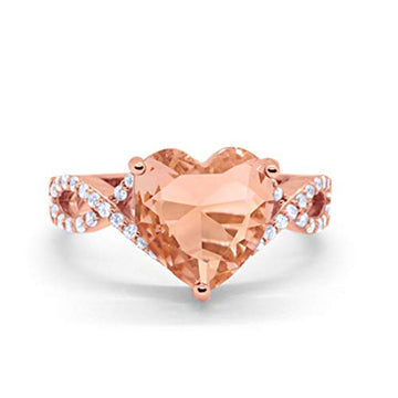 Art Deco Heart Promise Twisted Shank Rose Tone, Simulated Morganite CZ Wedding Ring 925 Sterling Silver